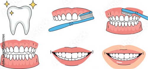 Dental hygiene and care: cartoon smiles, teeth brushing, and healthy gums