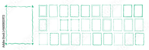 Hand drawn green frame collection. Doodle whimsical vintage borders with waves, hearts, dots, swirls, bows. Vector minimalist ornament elements for wedding, birthday, card, holiday cute coquette style