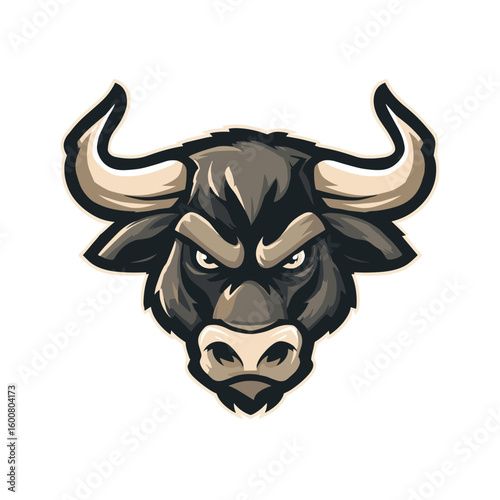 Bull head illustration with fierce expression and strong horns, suitable for sports teams or logos