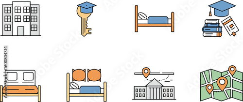 University campus icons: dormitory, graduation cap, books, and map in linear style