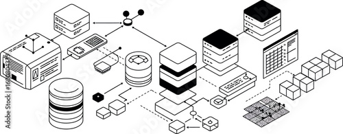 Isometric data network server room with data processing and storage elements