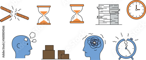 Icons illustrating stress, anxiety, and time management in modern life