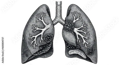 Detailed human lungs with cancer cells in vintage medical style