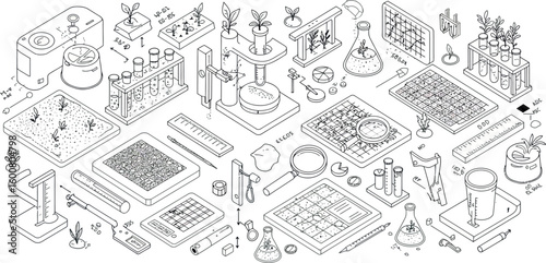 Isometric science lab elements with test tubes and equipment illustrations