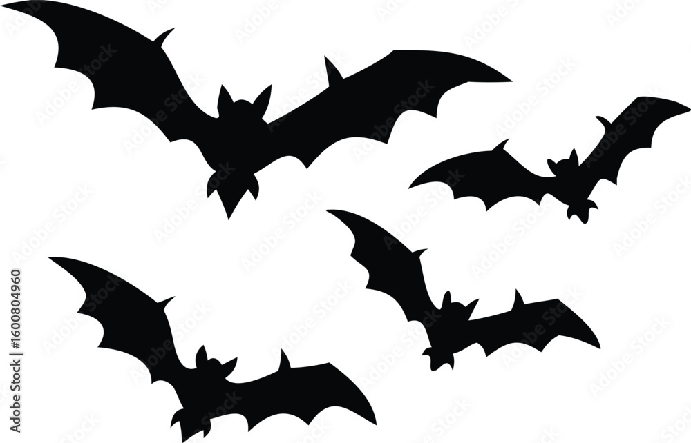 Naklejka premium Black Bat Silhouettes Flying on a White Background for Halloween Illustration