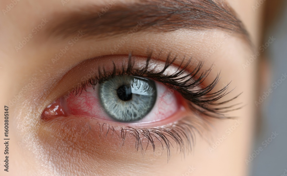 Obraz premium Close-up of redness in the eye, including the eyelid with pink and red color on the white skin near the cornea