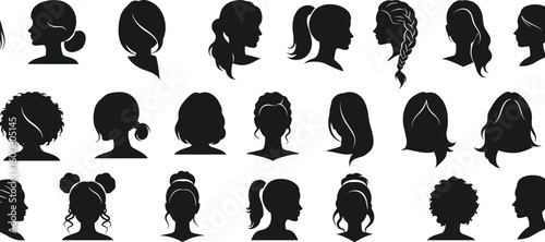 Collection of diverse female head silhouettes showcasing various hairstyles and hair lengths, representing beauty, fashion, individuality, and different women's profiles.