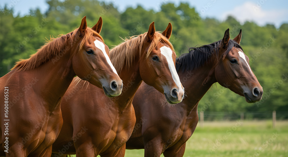 Obraz premium Three Brown Horses in a Field, Equestrian Portrait high quality