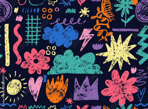 Seamless pattern colorful childish crayon drawn doodle. Kids pencil drawings, squiggles in childish girly style, flower, crown, stars. Freehand cute kid scribbles. Vector Seamless pattern chalk icons.