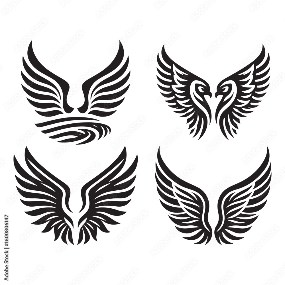 Feathered angel wings vector illustration set with tribal heart and flying eagle designs Feathered angel wings vector illustration set with tribal heart and flying eagle designs