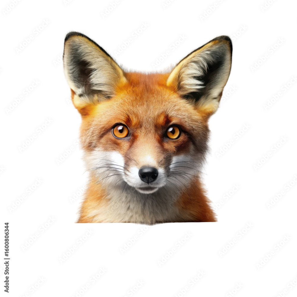 Fototapeta premium A cunning red fox with piercing amber eyes holds a blank white sign on a transparent background