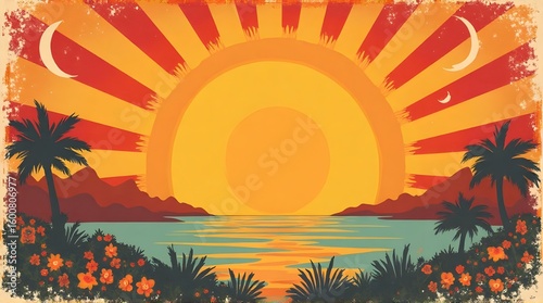 Beautiful sunburst retro vibes.Graphic print groovy background.60s,70s colorful fashioned.  

