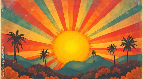 Beautiful sunburst retro vibes.Graphic print groovy background.60s,70s colorful fashioned.  


