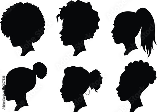 Black Hair Silhouette Set Diverse Hairstyles, Ponytail, Bun, Afro, Curls, Portrait Outline