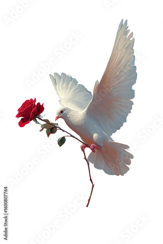 White dove in flight, carrying a red rose (2)