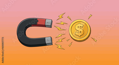 Magnet attracting dollar coin on gradient background
