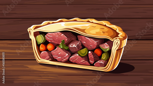 beef pot pie, hearty, filled with meat and vegetables, on a wooden background