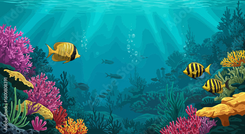 Sunbeams illuminate a beautiful coral reef garden as tropical fish swim through the tranquil blue sea.
