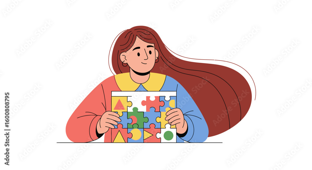 Obraz premium Illustration of a woman holding a colorful puzzle representing unity and problem-solving thinking