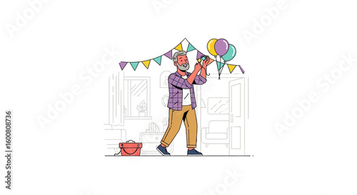 Illustration of a man decorating a room with balloons and pennants for a celebration or event at home