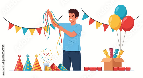 Enthusiastic man preparing for a festive celebration adorned with vibrant decorations and colorful party elements anticipating joy