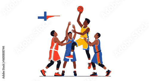 Dynamic basketball match illustration showcases athletic players in intense action near the hoop on a white background