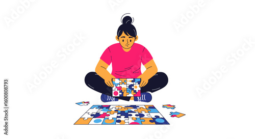 Woman Concentrating on Completing a Colorful Jigsaw Puzzle at Home for Leisure Activities