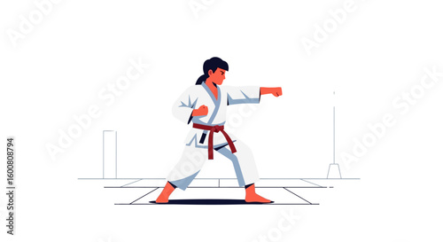 Karate Athlete Performing a Punch in Traditional Uniform with Focused Expression and Controlled Stance in the Dojo