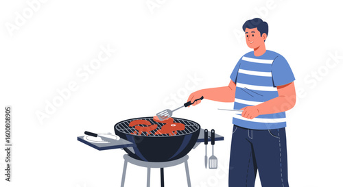 Illustrated man cooking food on a barbecue grill, enjoying outdoor cooking and a summer party with friends and family