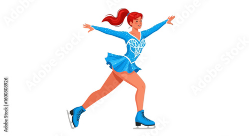 Graceful ice skater performing a spiral in a blue dress with elegant decorations, capturing the beauty of winter sports in a fluid movement