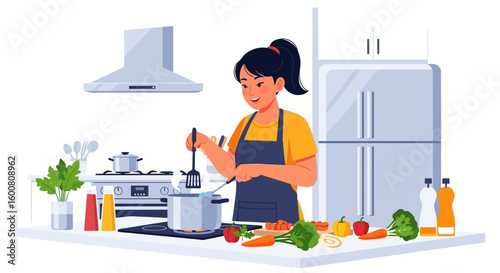 A young woman enjoys cooking a healthy meal with fresh vegetables in a bright and modern kitchen setting, showcasing domestic life