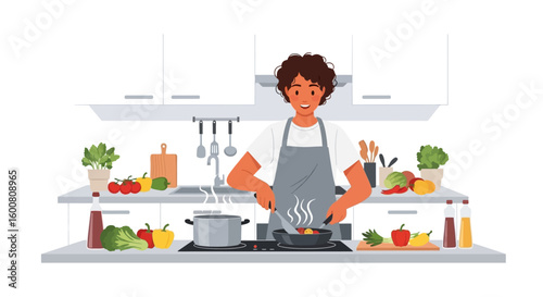 Joyful cooking journey: A young chef enthusiastically prepares a healthy meal in a vibrant modern kitchen filled with fresh vegetables and herbs