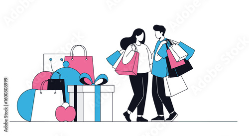 Happy couple enjoying shopping together surrounded by colorful shopping bags and gifts illustrating consumerism and leisure activities