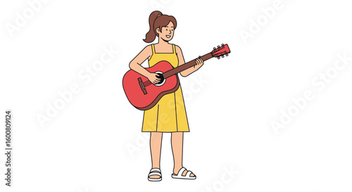 Cheerful cartoon girl in yellow dress enjoying playing guitar, musical performance and positive vibes, isolated on a white background