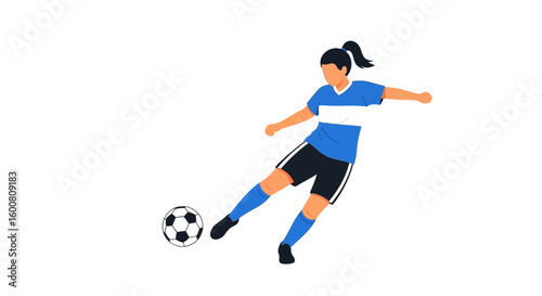 Dynamic action of female soccer player kicking ball, showcasing athletic prowess and youthful energy, in a vector style graphic on a clean background