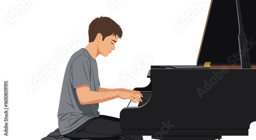 Focused performer rendering music with passion on a piano keyboard with deep concentration and artistry portrayal playing with emotion 150 characters
