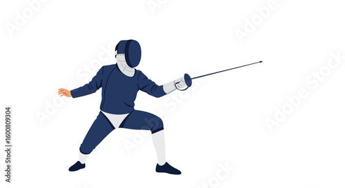 Dynamic Fencer in Action Preparing to Strike with Rapier on White Background Vector Illustration