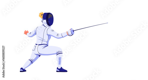 Focused Fencer in Action, Prepared for the Duel, Stance on the White Canvas: A Precision Movement, Intense Concentration, Skillful Technique, Ready