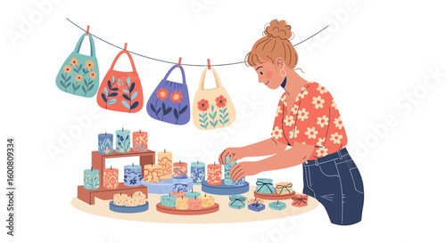 Woman arranging handcrafted candles and floral bags at a craft fair stall preparing for sales with her artisan collection featuring unique products