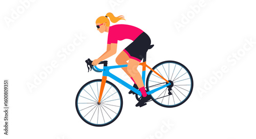 Female cyclist engaged in a road race with vibrant colors and dynamic flat style illustration that convey speed and athleticism in the sport of
