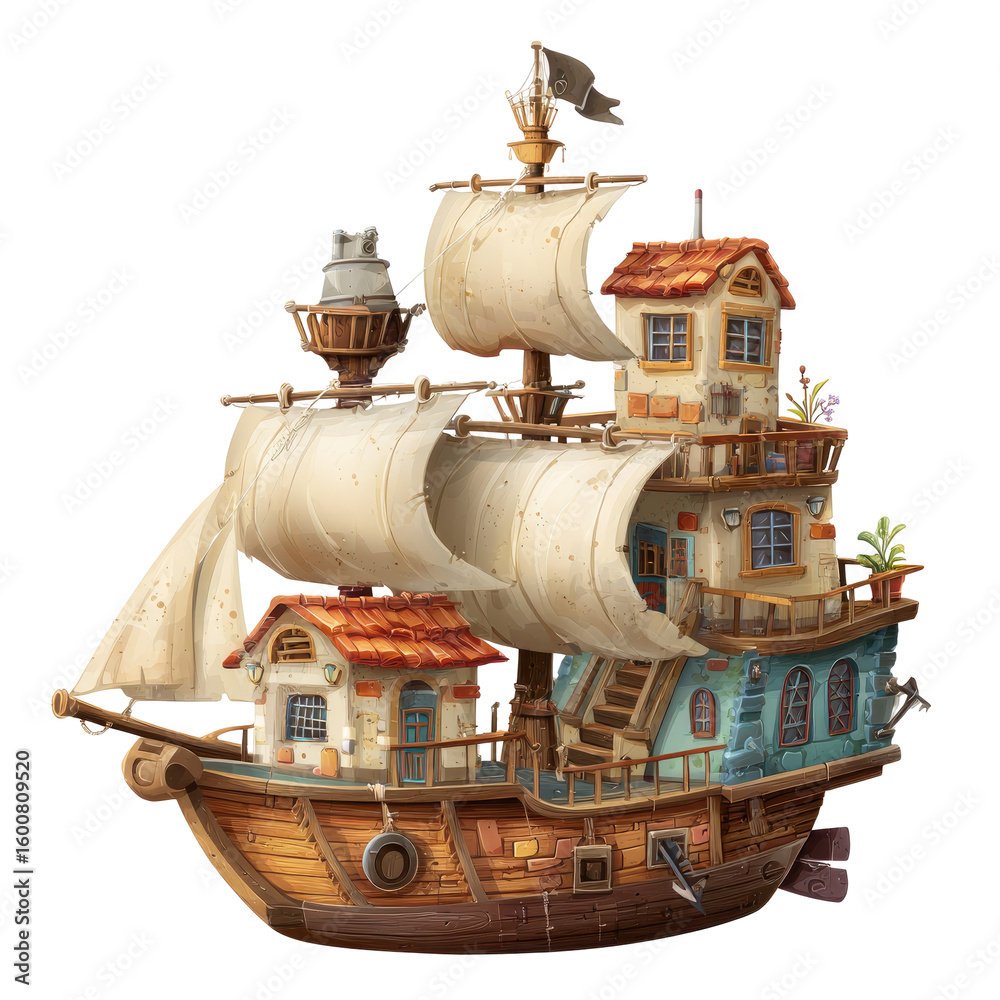 Naklejka premium Cartoon ship, house-like, detailed. Beige sails, wooden hull, teal/blue houses, cozy design