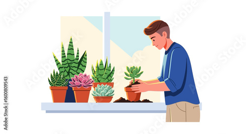 Man's Relaxing Indoor Hobby: Cultivating Succulents by the Window in a Serene Home Setting