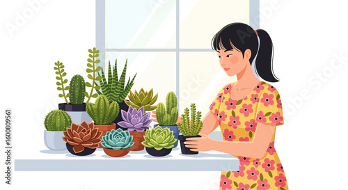 Indoor Oasis: Woman Arranging Succulents by the Window, Creating a Serene and Verdant Space at Home