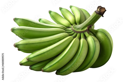 Green unripe banana bunch with brown stem attachment, natural curved formation, isolated on a transparent background