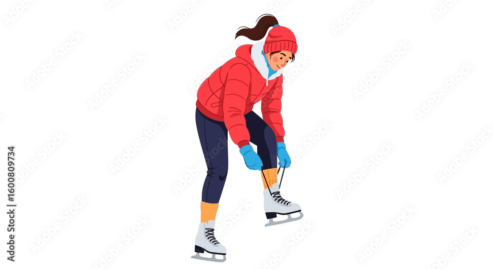 Fototapeta premium Cartoon illustration of a girl tying her ice skates with a winter outfit getting ready for ice skating fun and recreation activities