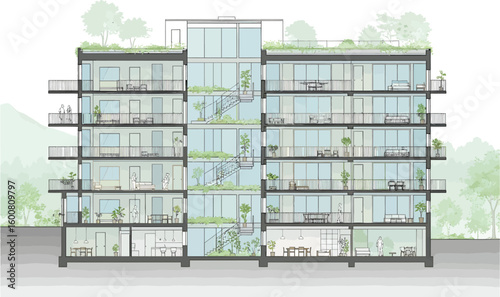 Architectural cross section illustration of a modern sustainable building with green roofs and balconies surrounded by trees