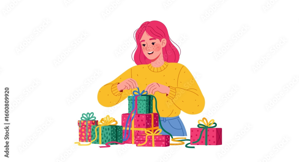 Obraz premium Illustration of a young woman with pink hair meticulously wrapping presents for a special occasion with a joyous expression on her face