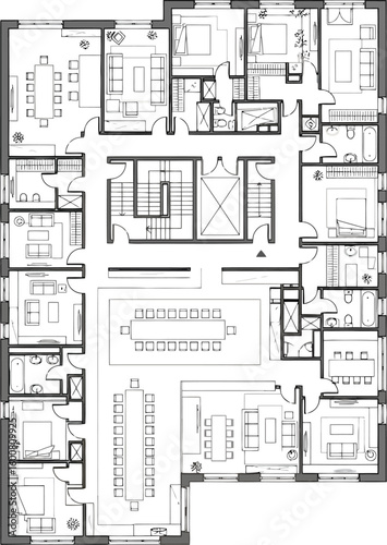 Detailed architectural floor plan blueprint of a multi story residential building with many apartments and common areas