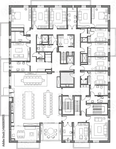 Detailed architectural floor plan blueprint of a multi unit residential building with many rooms and layouts
