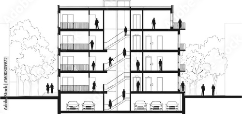 Architectural cross section drawing of a modern multi story residential building with balconies and underground parking